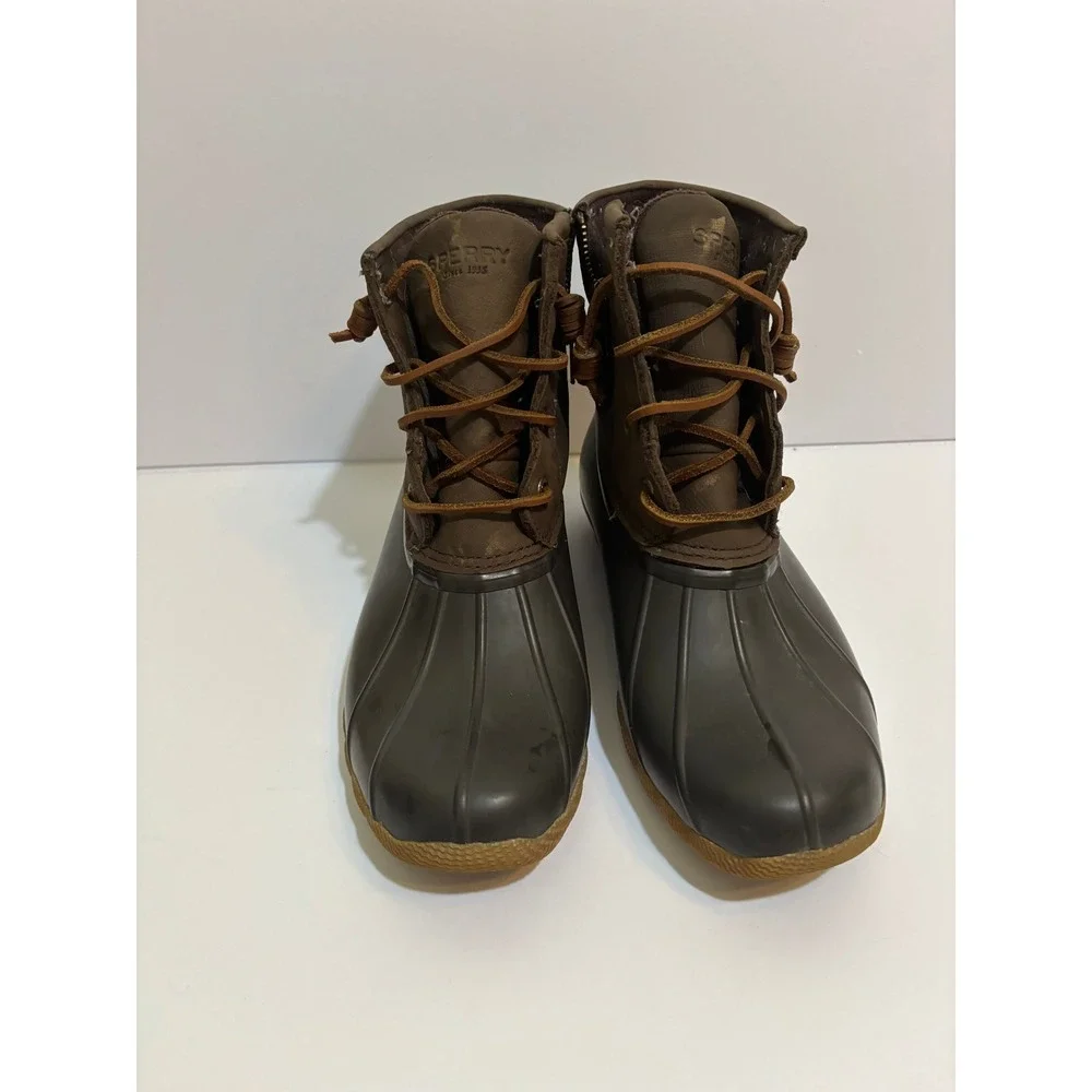 Sperry Saltwater Waterproof Duck Boots Brown Olive Green STS99729 Womens 8 M